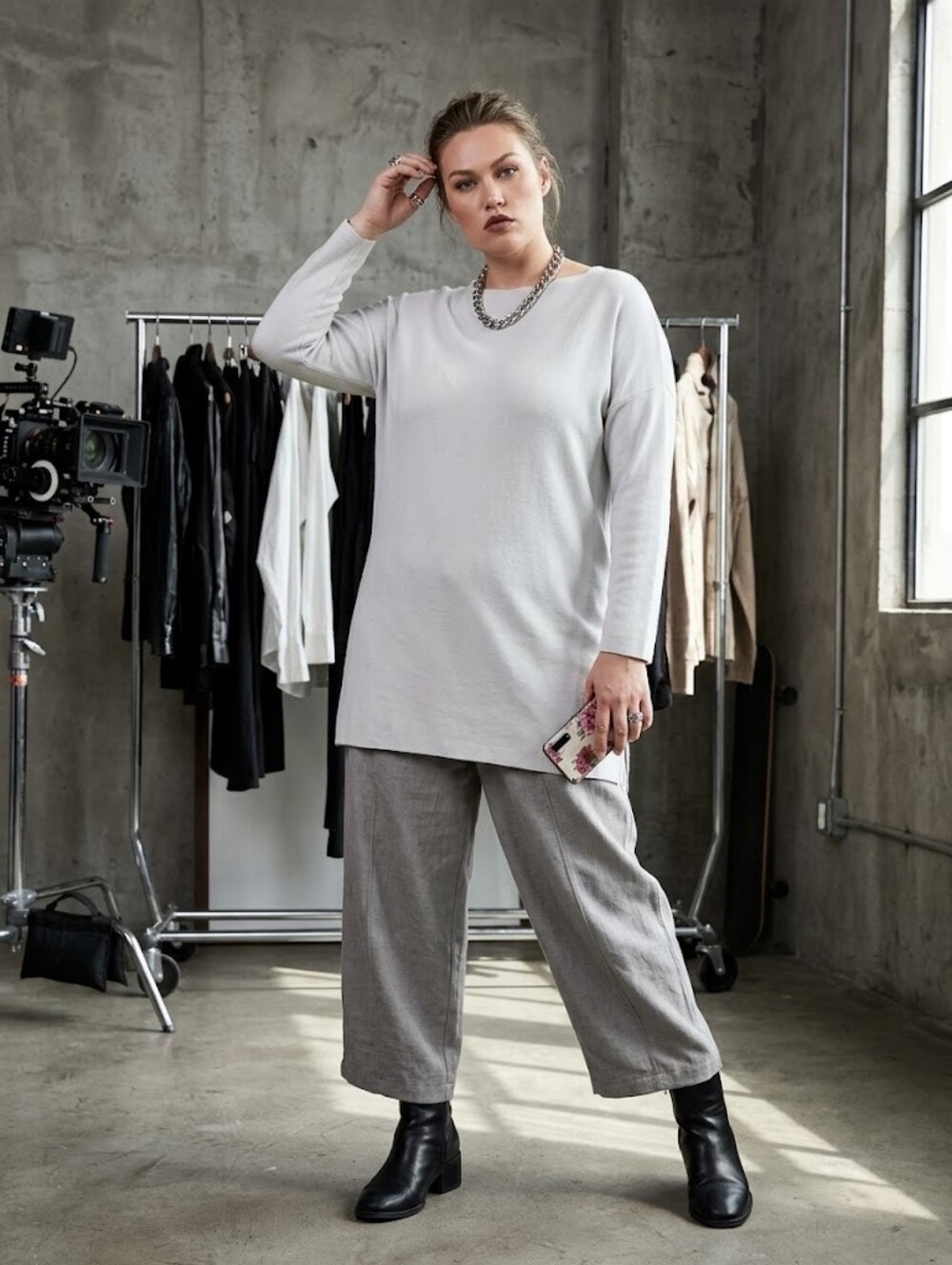 Eileen Fisher Bone Silk And Cotton Boatneck Tunic Sweater Size L